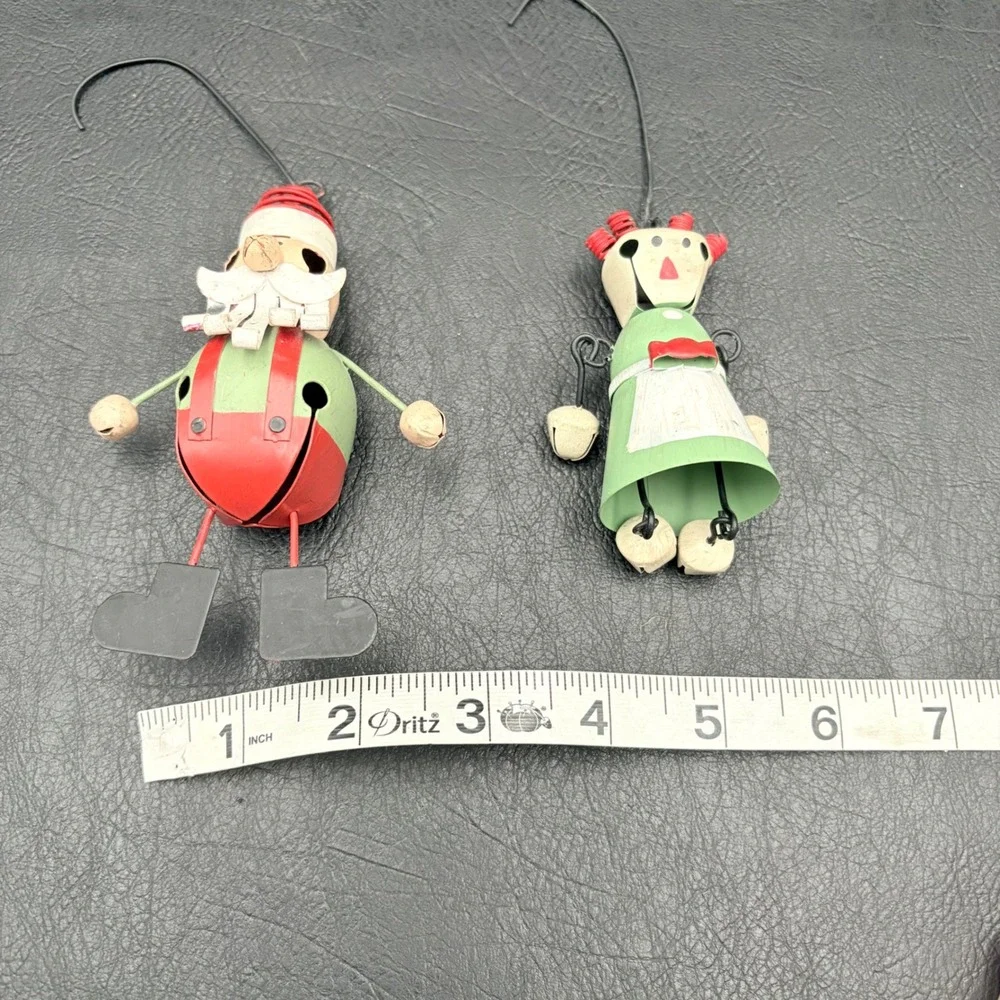 Vintage Style Metal Jingle Bell Santa and Mrs Claus Christmas Ornaments Set of 2